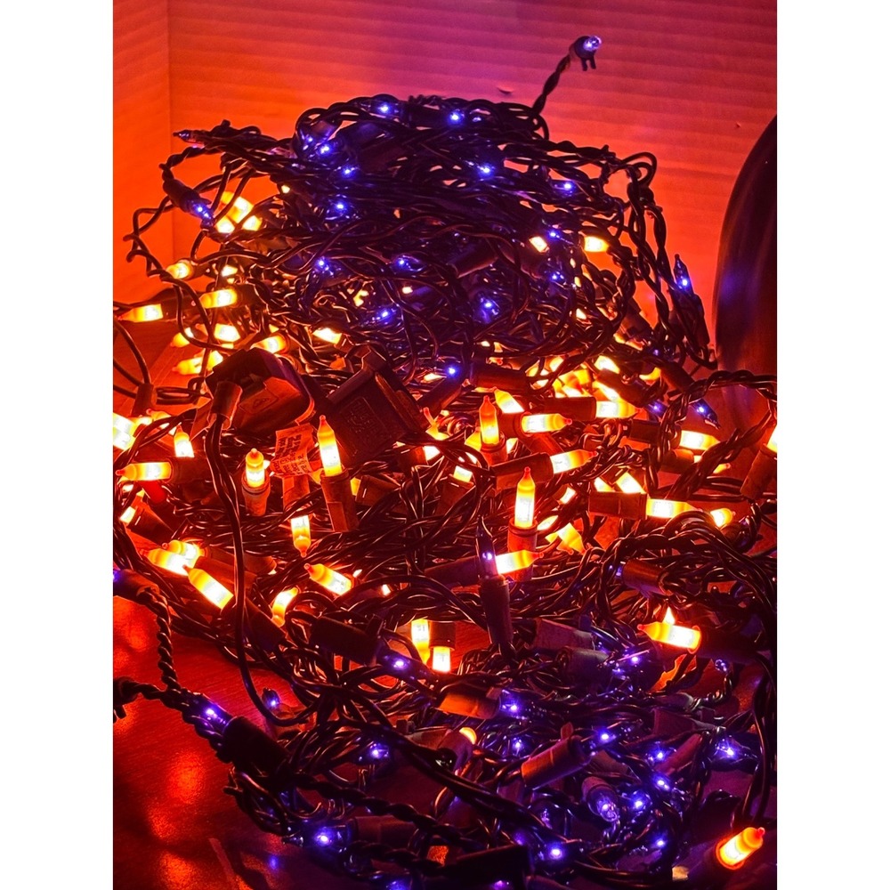 Halloween String Lights Orange and Purple Incandescent Bulbs Black Wire Decor